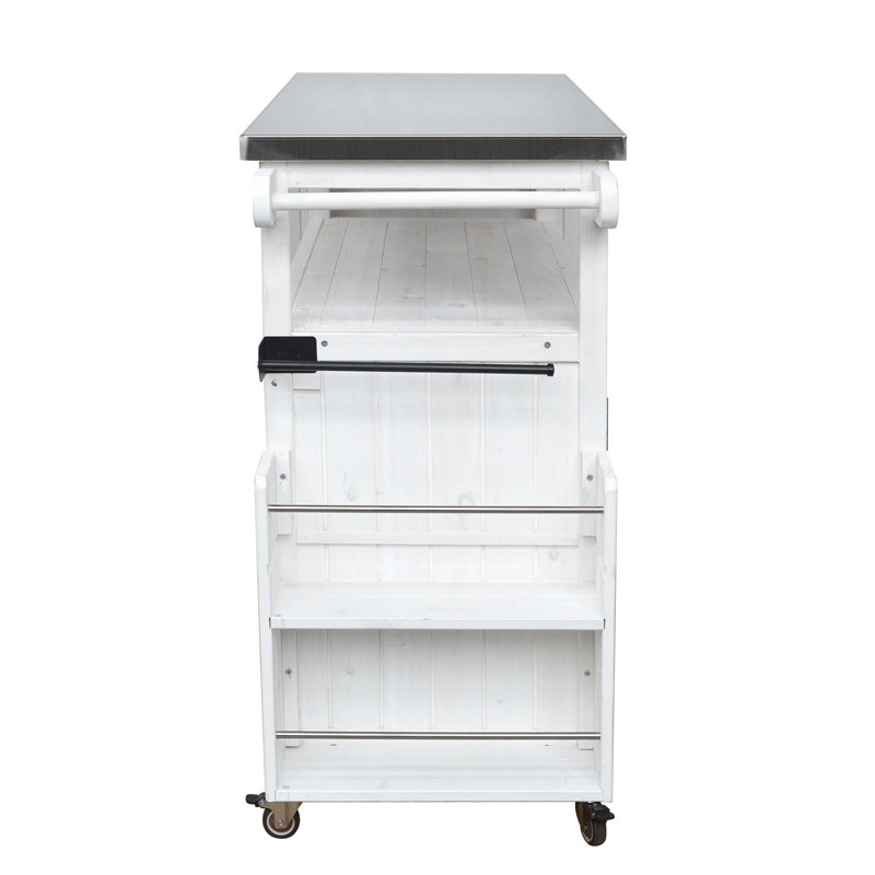 Rustic Foldable Outdoor Kitchen Island With Stainless Steel Top And Fir Wood Frame, White