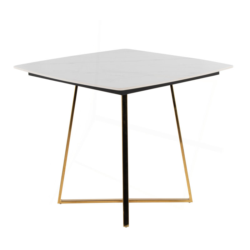 Table de salle à manger en métal avec plateau en bois et marbre blanc, Blanc / Doré
