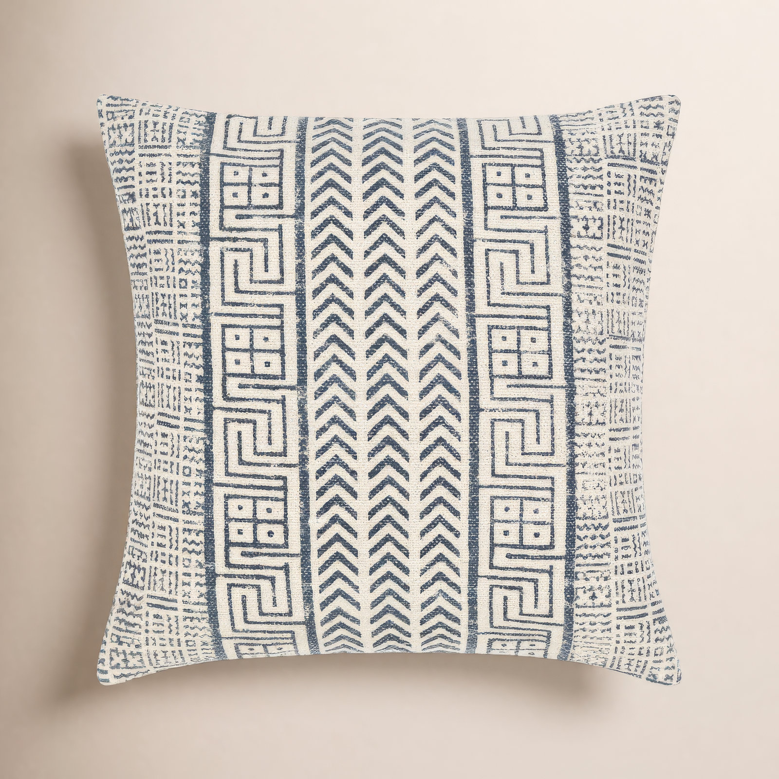 Zetta Geometric Cotton Throw Pillow, Polyester/Polyfill, 18" x 18", Light Beige/Dark Blue