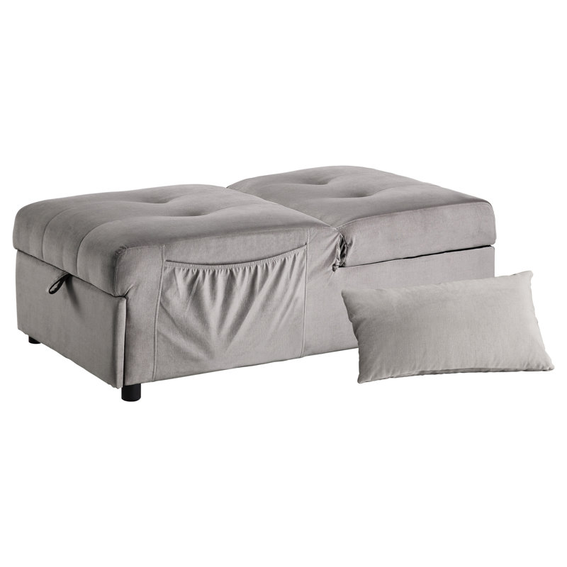 Banc contemporain en velours gris brunâtre avec lit escamotable et options de rangement polyvalentes