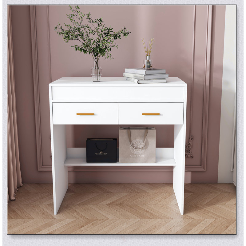 Flip Top Vanity Desk With LED Lighted Mirror & Built-In Outlet, 2 Drawers, Open Storage, And Jewelry Hooks For Modern Living