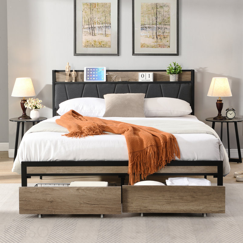 Structure de lit double avec tête de lit tapissier en bois, aucun sommier nécessaire, Lit double