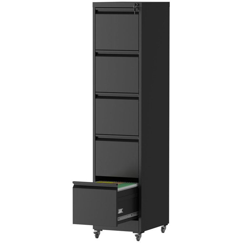 5 Drawer Metal Vertical File Cabinet With Lock And Wheels For Home Office, Adjustable Hanging Rods A4/Letter/Legal Size, Full - Retractable Slides, In Black Wheels, Ample Room Documents, Smooth
