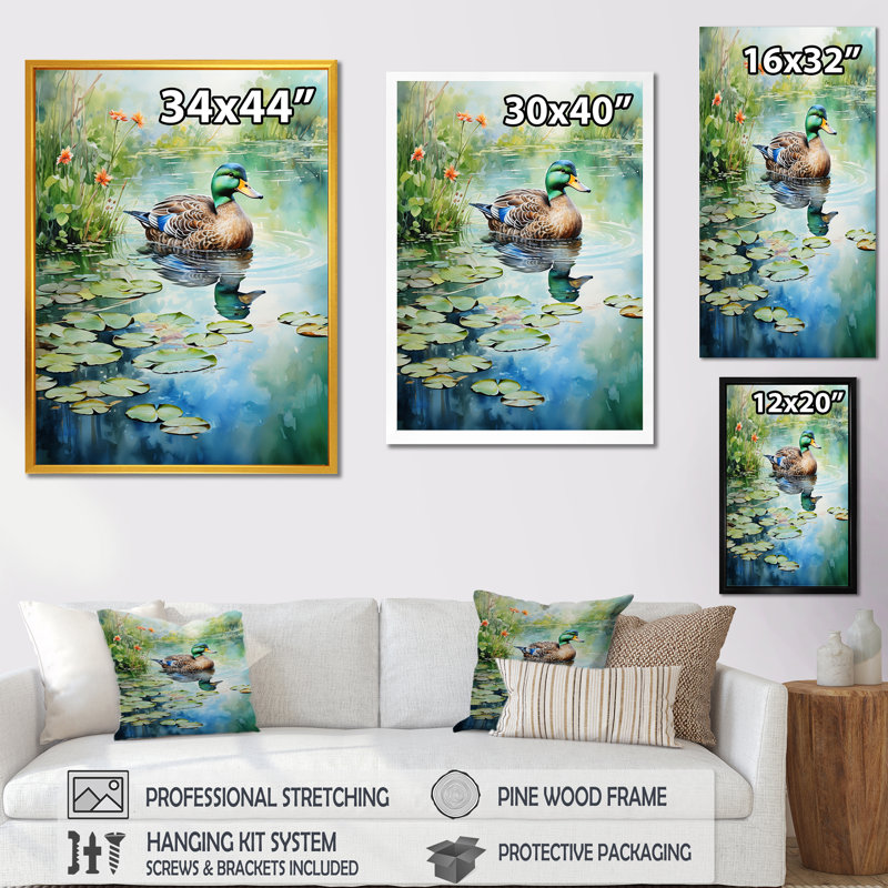 Duck Pond Reflections IV - Duck Animal, art mural, Cadre flottant doré, H 20 po x l 12 po x P 1 po