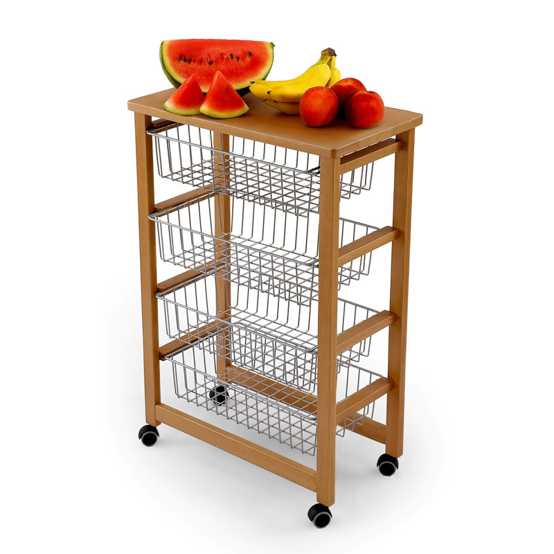 Kitchen Trolley MIKON, Kitchen Trolley With Worktop In Solid Beech, 4 Baskets  - Colour Cherry 
