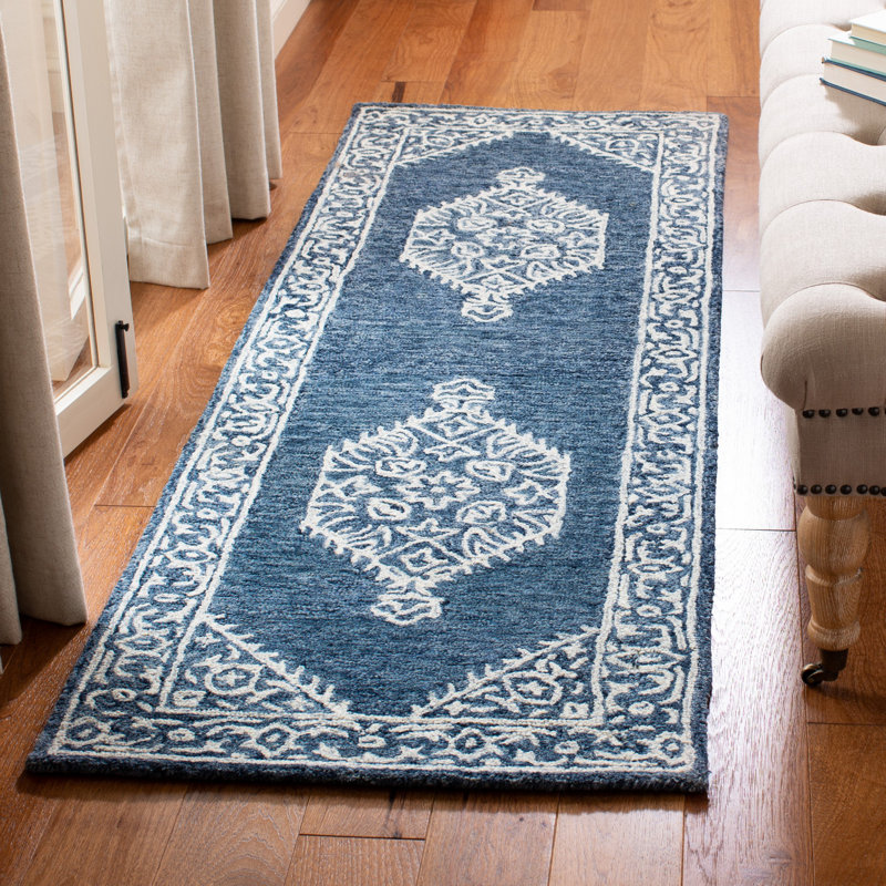 Salerna Micro-Loop Hand Tufted Wool/Cotton Oriental Rug in Ivory/Blue, Runner 2'3" x 7'