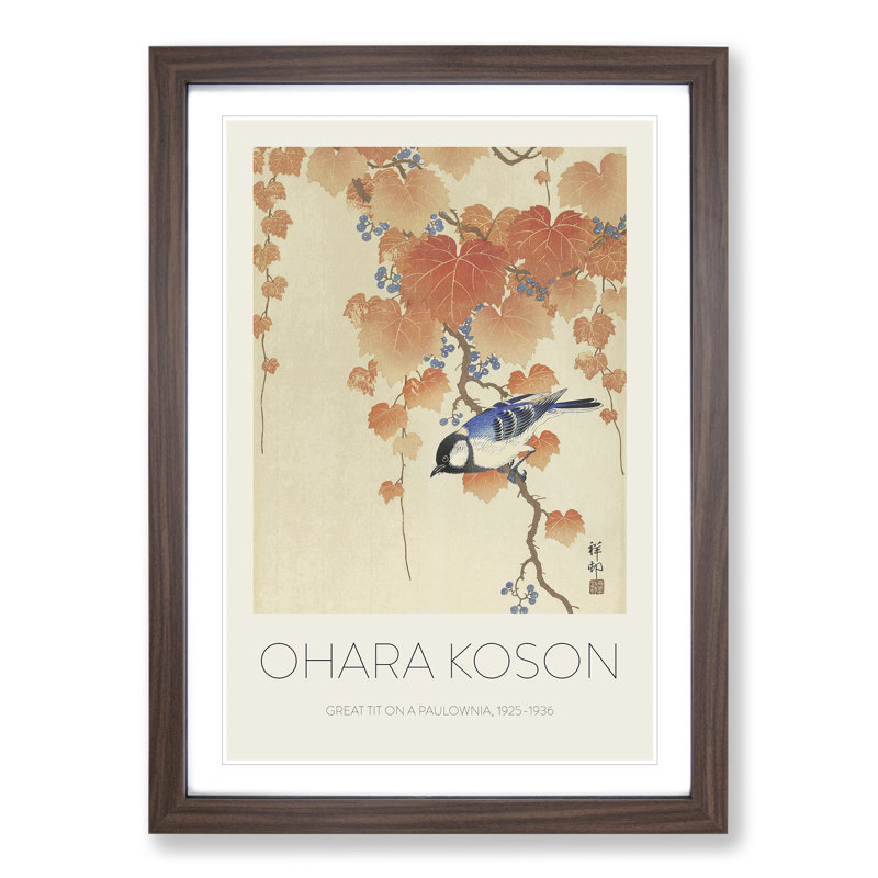 Great Tit On A Paulownia Branch by Ohara Koson - Single Picture Frame Print, 65cm H x 48cm W x 2cm D, Walnut Framed