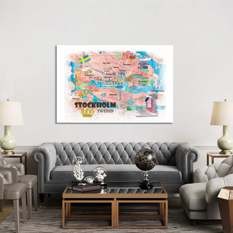 Stockholm Sweden Illustrated Map With Main Roads Landmarks And Highlights 1 Piece Wrapped Canvas Wall Art