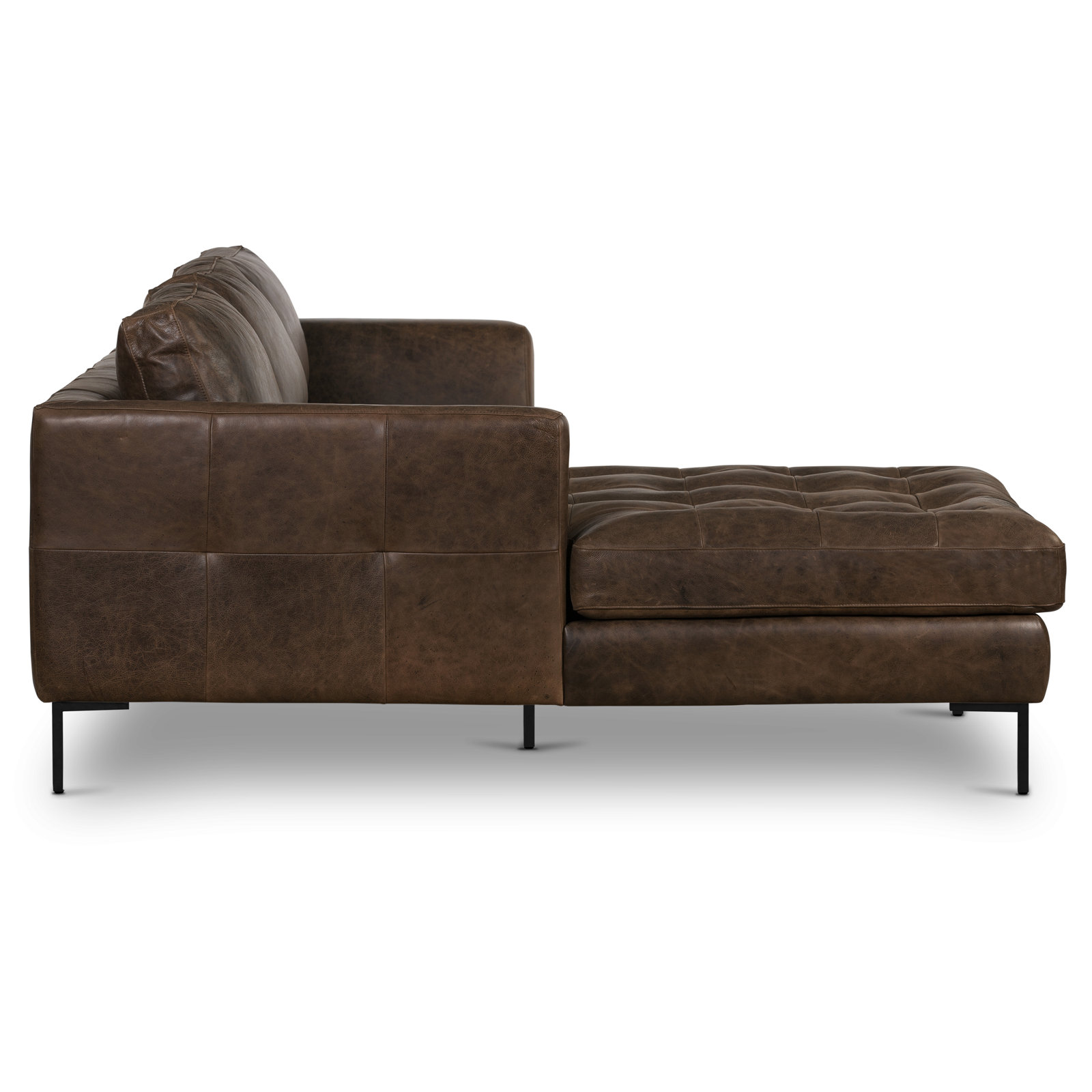 Full Grain Leather Sofa and Chaise, Black, Left Hand Facing, Brown Stone Full Grain Leather