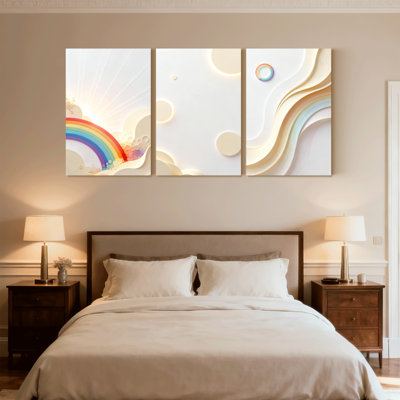 Abstract Sunlight Rainbow Waves Circles Glow Abstract Art Design Set of 3 Canvas Wall Art Prints