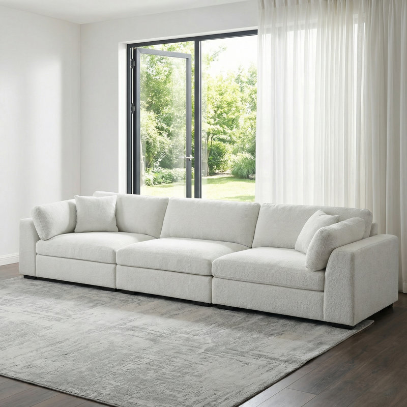 Squared Arm Wide Seat Upholstered Sofa, Light Gray