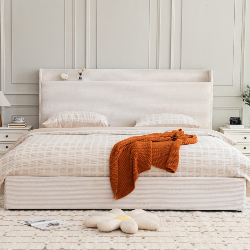 Lit plateforme tapissier avec 4 tiroirs de rangement et tête de lit, Crème, Très grand