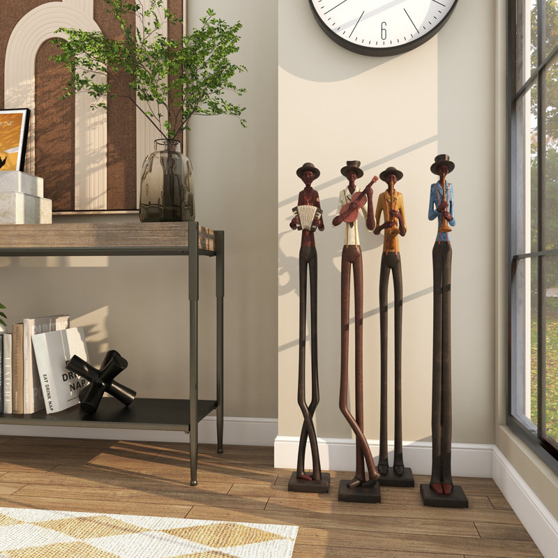 Polystone Tall Long Legged Jazz Band Musician Decorative Brown Sculpture with Black Base Stand Set, 24" H x 4" W x 4" D