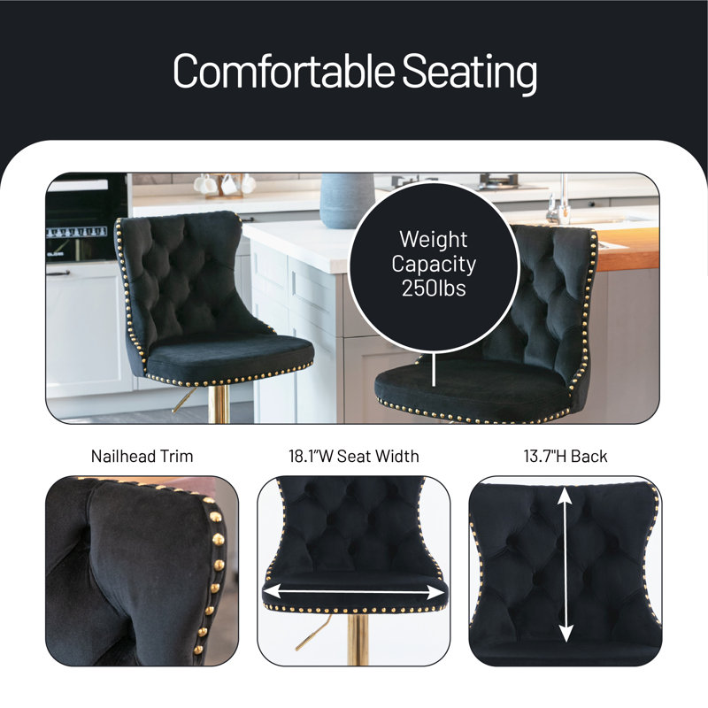 Swivel Upholstered Adjustable Height Counter Stool with Metal Frame, Gold, Black