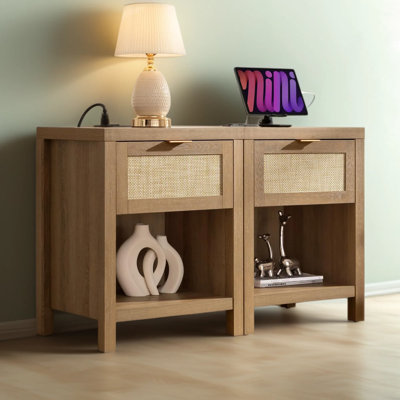 Nightstand Set Of 2 With Charging Station, Boho Bedside Table With Drawer And Open Shelf, USB And Type-C Ports, Rustic Design For Bedroom Or Living Room