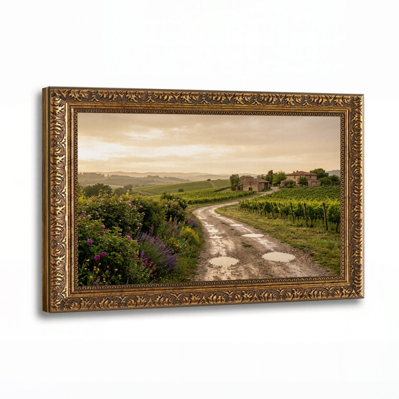 Tableau sur toile représentant des collines vallonnées et des maisons en pierre au coucher du soleil, 16"H x 24"W