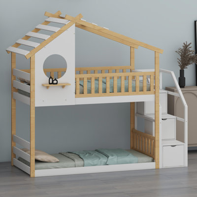 Lit superposé d'escalier peu encombrant avec rangement intégré et garde-corps de style maison