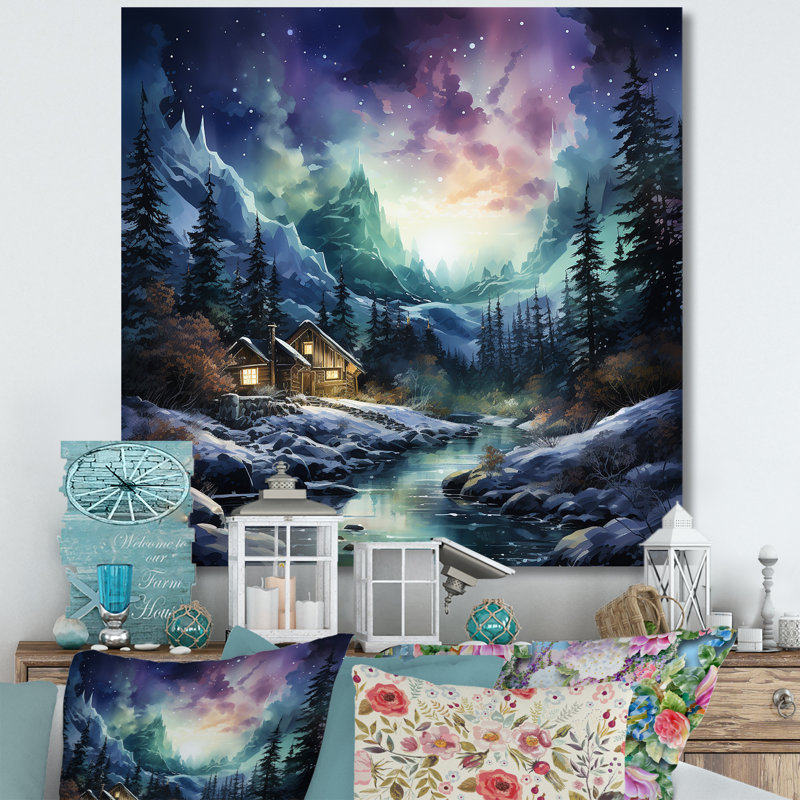Aurore boréale charme en hiver sur toile, H 30 po x l 30 po x P 1 po, Toile tendue