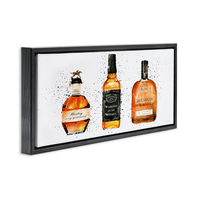 Bouteilles de whisky amusantes, H 11 po x l 25 po, Cadre flottant noir de jais