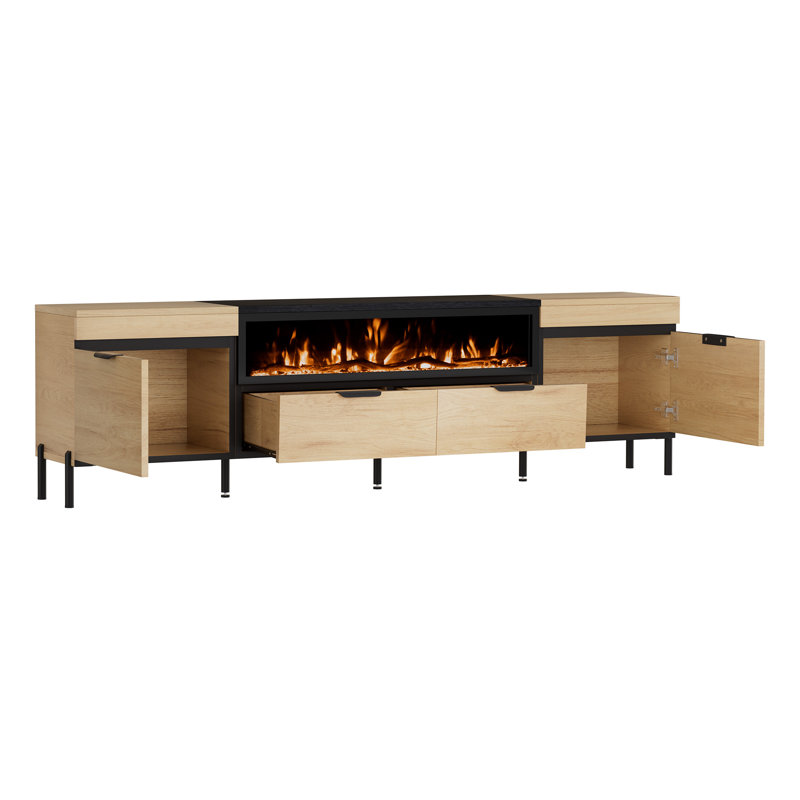 Meuble télé 80 po avec foyer 40 po, centre de divertissement avec rangement, Bois de chêne