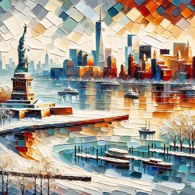 Harbour Mosaic - Statue empâtée vive de la Liberté et Manhattan, H 40 po x l 40 po x P 1,5 po