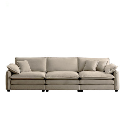 Mid-Century Modern 3-Seater Sectional Sofa With 2 Arm Pillows And 3 Throw Pillows, Beige Corduroy Fabric