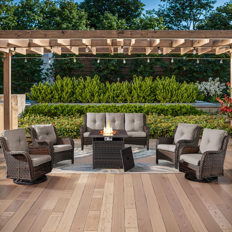Schutt 7 - Person Outdoor Wicker/Rattan Seating Group with Fire pit and Cushions, Beige, Brown