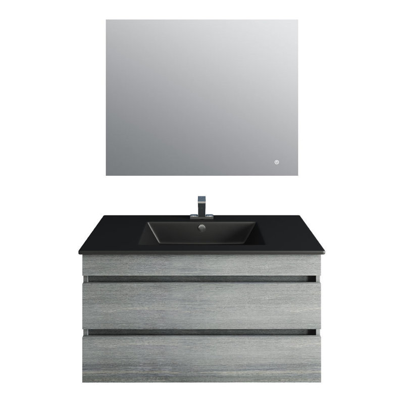 Meuble-lavabo gris 36 po Glance, lavabo noir mat, miroir Linea