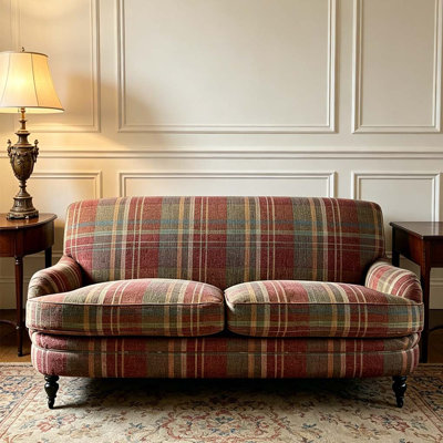 French Vintage Plaid Upholstered Loveseat