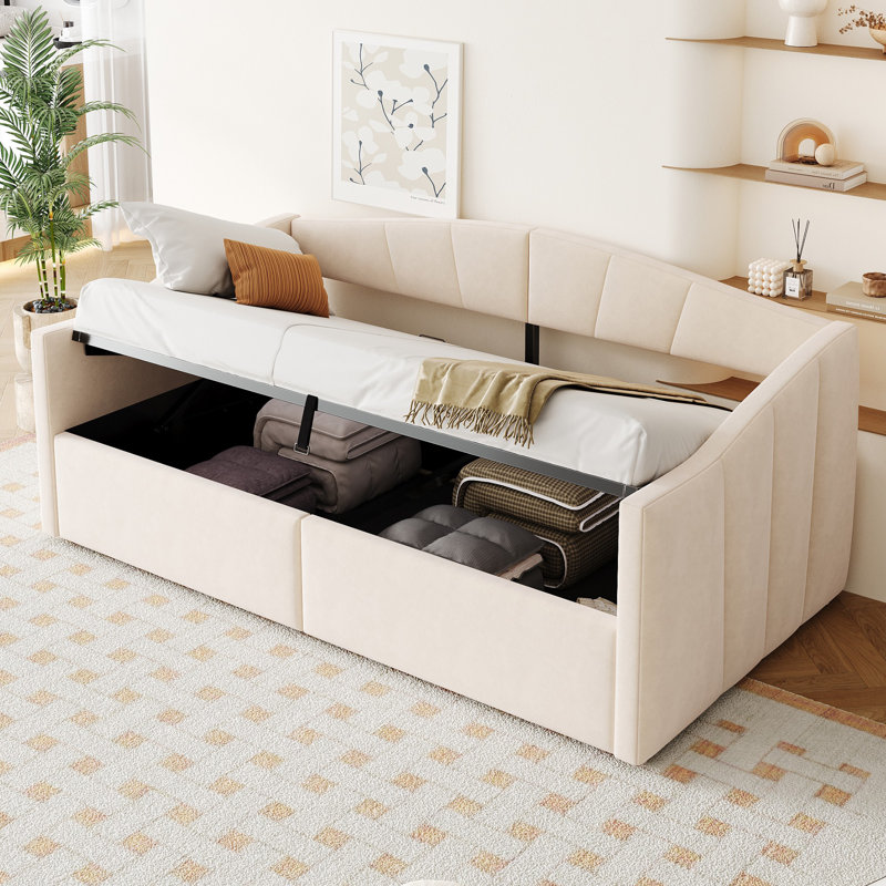 Daybed With Hydraulic Storage & Drawers, European Single (90 x 200 cm), Beige