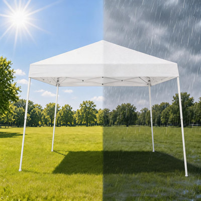 10 ft x 10 ft Outdoor Slant Leg Pop Up Canopy Tent with Carry Bag, Height-Adjustable Steel Frame and Silver-Coated Oxford Top for Backyard Patio, Camping or Beach, Contemporary Style, White