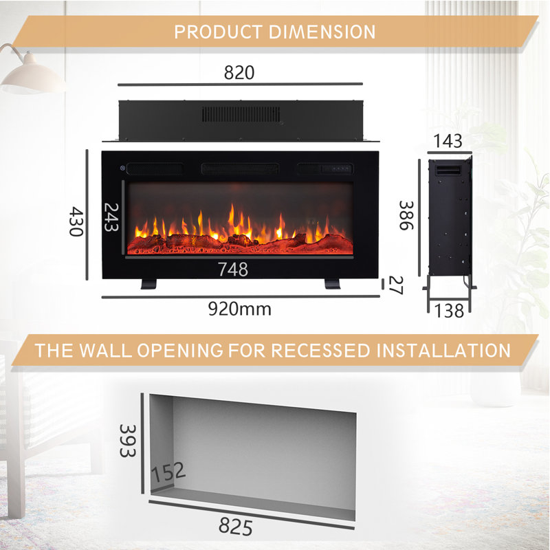 WILTON FLAMEKO Black Electric Fireplace, 43cm H x 92cm W x 14cm D