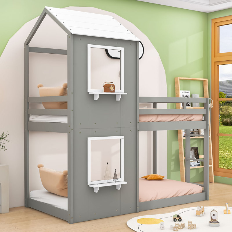 Lit superposé simple en bois en forme de maison avec toit incliné et fenêtre, Grey