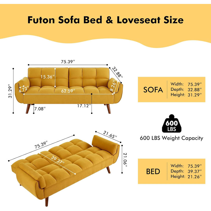 Layanie Full / Double 75.39'' Inch Futon Sofa Bed-Convertible Couch Loveseat Sleeper For Living Room, Bedroom, Studio, Apartment, Dorm, Home Office