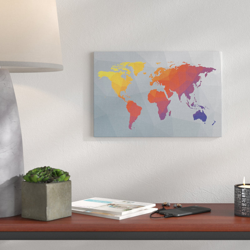 « polygon map world map », impression, H 30 po x l 40 po x P 1,5 po, Toile tendue