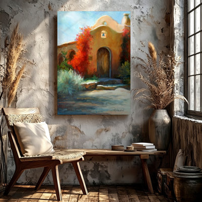 Southwest Adobe House Painting Red Vines Desert Landscape Canvas Wall Art Print, Red Nature Landscape Artwork for Living Room Bedroom Office Hallway Gallery Wall Home Decor Accent