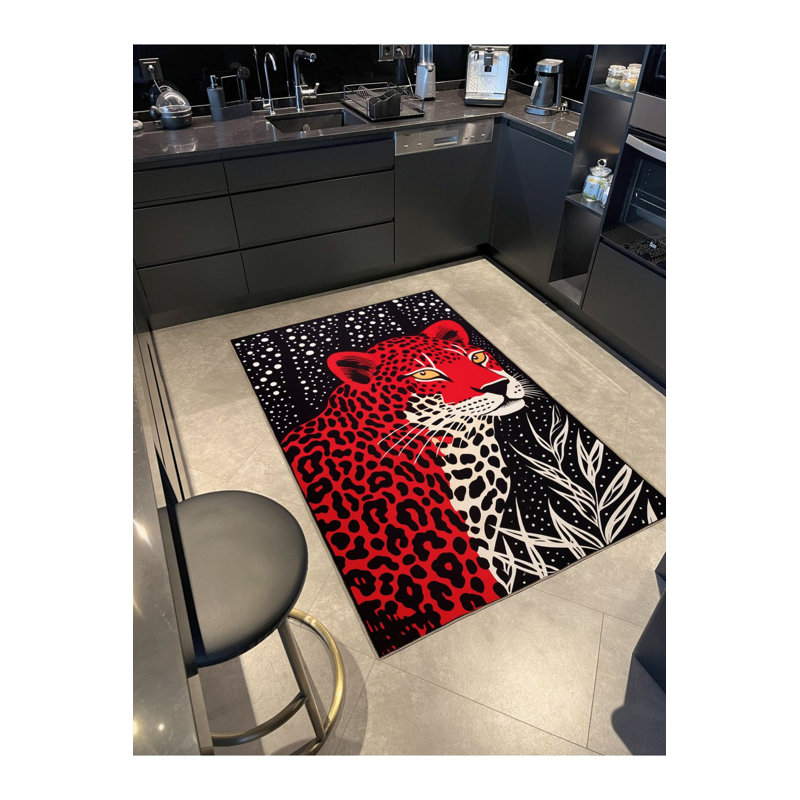 Tapis noir et rouge à motif léopard abstrait et lavable de la collection Waso, Tapis de couloir 3 pi 3 po x 6 pi 7 po inclus