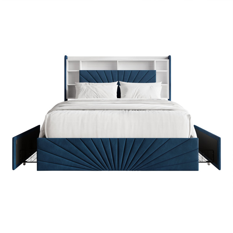 Lit bibliothèque en velours, NAVY BLUE, QUEEN