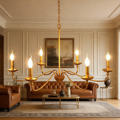 Lustre de style campagnard classique de style candélabre avec 6 lumières, grand luminaire suspendu en fer au fini or antique de 36 pouces de diamètre pour salle à manger