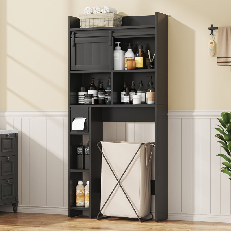 Bathroom Over-The-Toilet Storage Cabinet With Sliding Door, 7.5" Depth Space-Saving Organizer With 3-Tier Shelves & Toilet Paper Holder