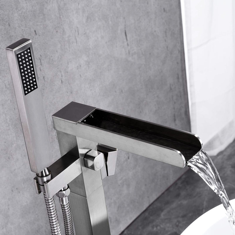 Bathroom Tub Filler In Brushed Nickel With Waterfall Effect And Hand Shower - Floor Mount Faucet Faucet, Rust Proof