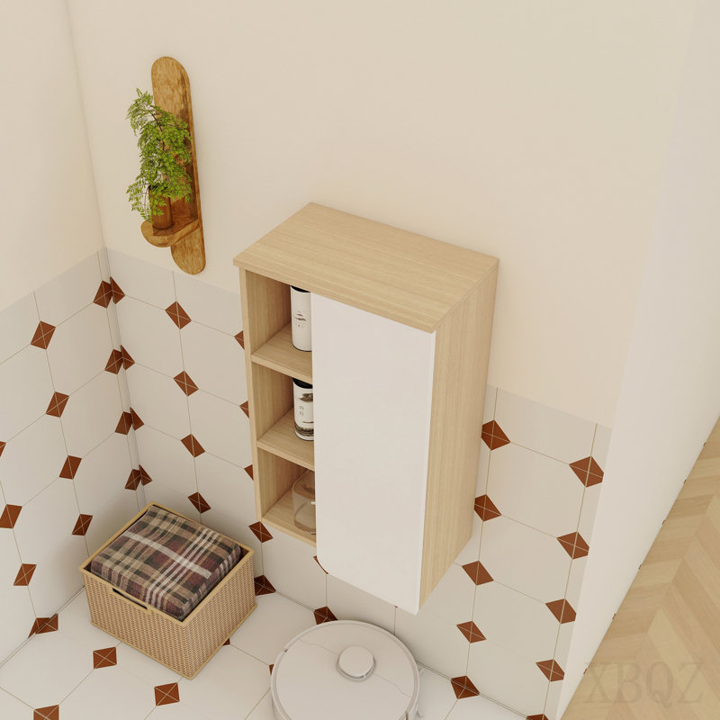 16" Wall-Mounted Bathroom Side Cabinet, Light Oak, Single Door With 3-Tier Open Shelves, Kd Cabinet, Dual-Color Door Panels (White & Black), Plywood Construction