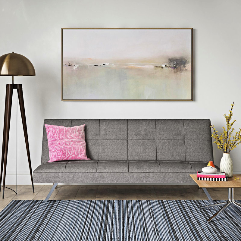 Futon avec pied en acier inoxydable et structure en métal, gris, long de 67,31 po, polyvalent pour le lit de la maison, revêtement gris, pied, hauteur de 29,68 po, modèle peu encombrant