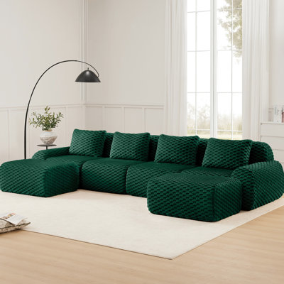 146 po en U modulaire 4 avec flanelle, désossé, siège profond, mobile, connexion par boucle, base coulissante, tissu de flanelle moderne sans assemblage