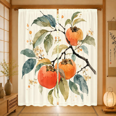 2 pièces de rideaux en branches de kaki, tissu filtrant la lumière, peinture à l'aquarelle réaliste de kakis mûrissant avec des feuilles et des fleurs, scène naturelle artistique, blocage de la protection de la vie privée, conception à passe-tringle, idéale pour la vie
