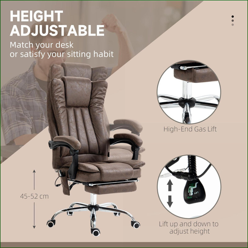 Fauteuil de massage, dossier haut avec massage à 6 points, chaleur, repose-pieds rétractable, hauteur réglable, microfibre brun noyer | Pivote à 360 ° | Inclinaison 135 °