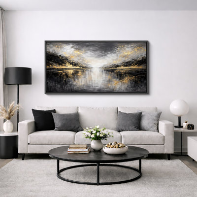 Abstract Black Gold Mountain Reflection Landscape Artwork, Contemporary Living Room Pictures, Framed Canvas Giclee Print Wall Art