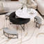 Table basse moderne à plateau relevable avec rangement et 3 repose-pieds blanc et noir