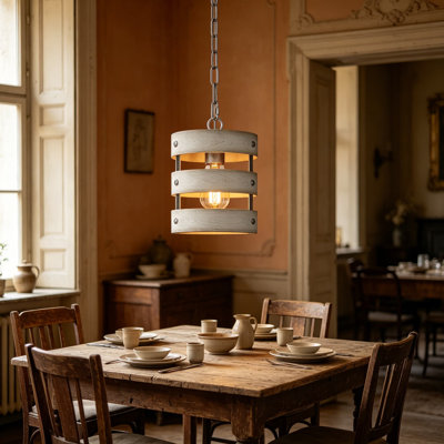 Rustic Farmhouse Pendant Light Fixture, Industrial Wood Cage Chandelier With Faux Wood Finish And Galvanized Metal, Adjustable Height Hanging Light For Kitchen Dining Room Hallway Entryway Bedroom Foyer