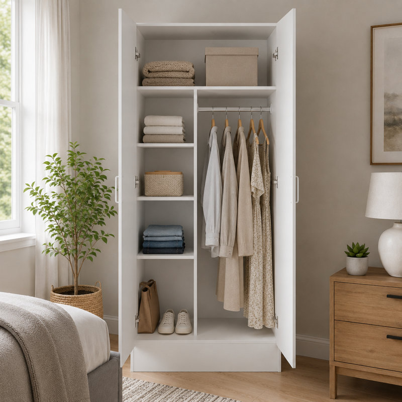 31.5'' W White Wardrobe Armoire Cabinet with Hanging Rod and Shelves